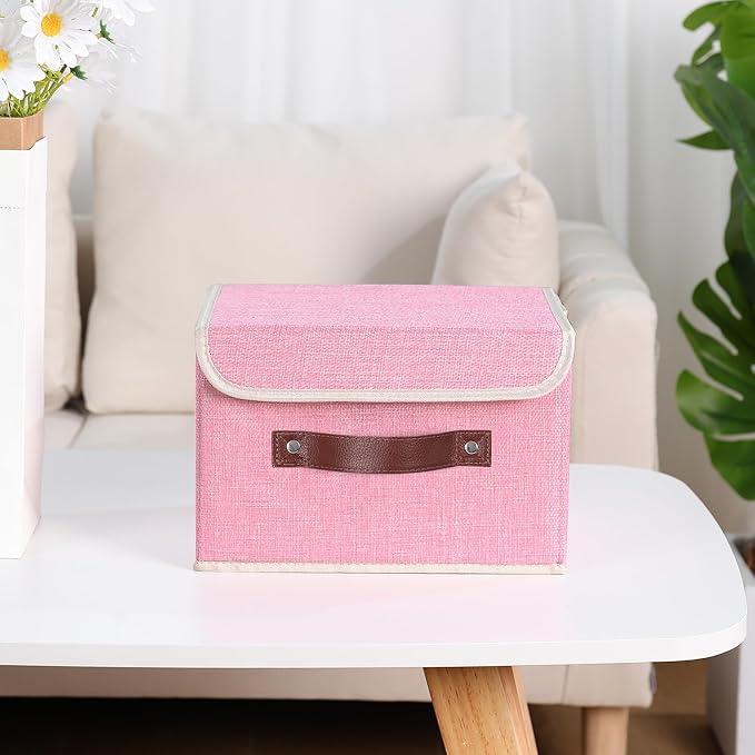 ANMINY Storage Bin with Lid Storage Boxes with PU Leather Handles PP Plastic Board Decorative Foldable Lidded Cotton Linen Fabric Home Cubes Baskets Closet Organizer Container - Pink, Small Size-Ruum Studio Home