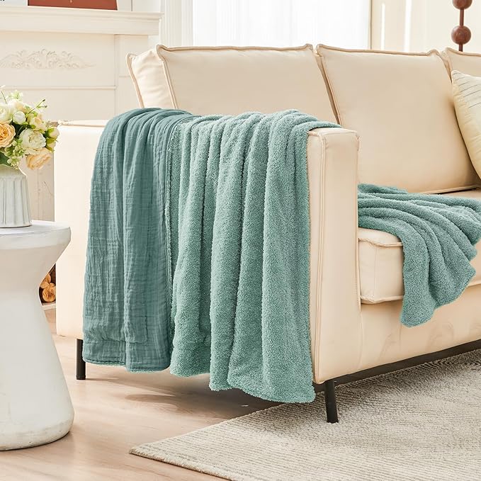 EMME Muslin and Fleece Throw Blanket Reversible - 50"*60" Teal Soft Warm Throw Blankets for Couch Bed Picnic Travel Bed-Ruum Studio Home