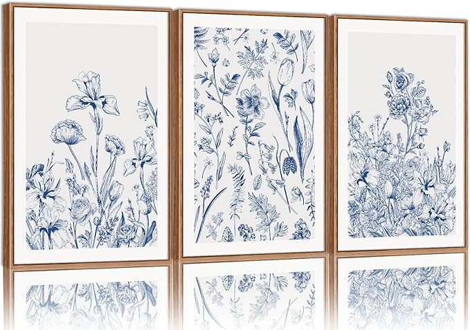 SIGNINART Classic Chinoiserie Botanical Framed Canvas Wall Art, Blue and White Floral Wall Decor, Minimalist Flower Artwork, Navy Blue Wildflower Art Painting for Bedroom Living Room Office 24"x36"x3-Ruum Studio Home