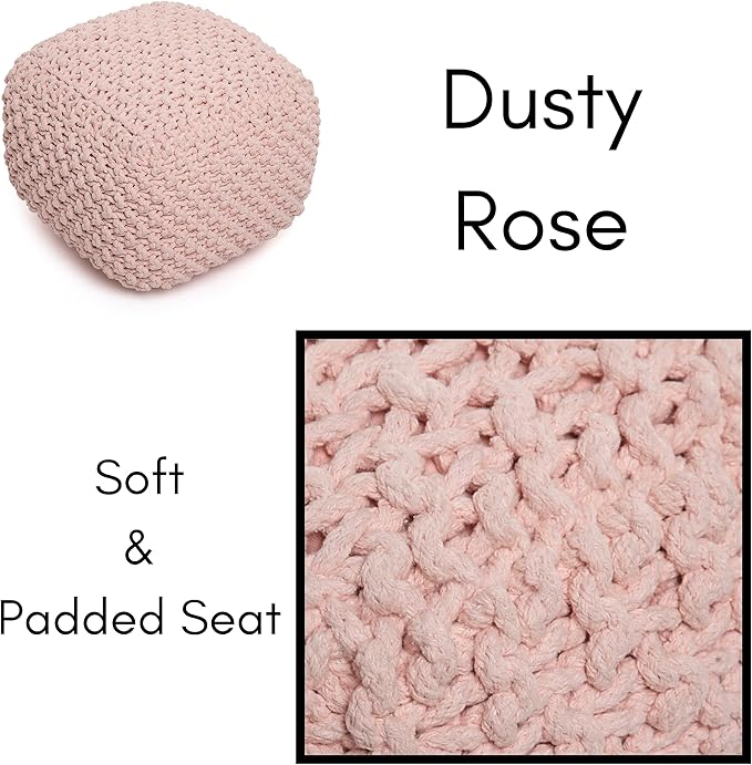 BIRDROCK HOME Square Pouf Ottoman | Cotton Braided Foot Stool with Bean Bag Filling | Boho Foot Rest for Living Room, Bedroom | Compact & Comfortable Seating, Lightweight & Sturdy | Dusty Rose-Ruum Studio Home