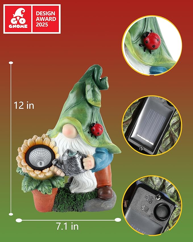 Solar-Powered Large Garden Gnome Watering Can Sunflower - 12 in Garden Decor Gnomes Decorations for Yard Lawn Ornaments Outside Statue Figurine LED Lights (Gnome)-Ruum Studio Home