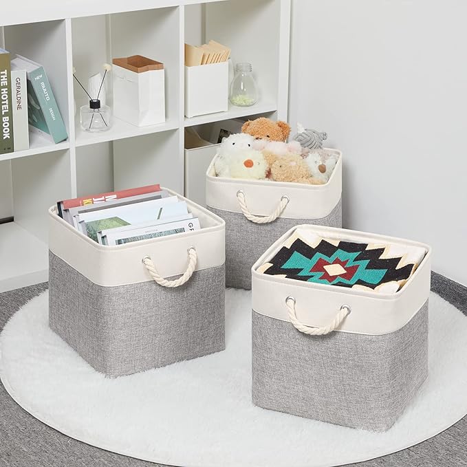 Bidtakay Fabric Basket Set - Large Square Organizer Bins, 13x13, Set of 3, White & Grey-Ruum Studio Home
