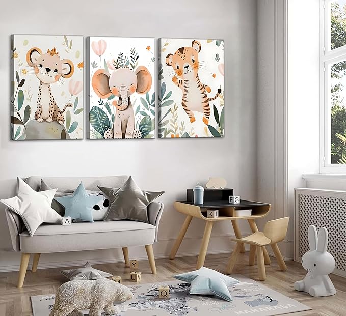 3 Pcs Safari Animals Nursery Canvas Wall Art Jungle Animals Cheetah Elephant Tiger Kids Room Illustration Pictures Wall Decor Posters Print Artwork for Classroom Boy's Girl's Room Bedroom-Ruum Studio Home