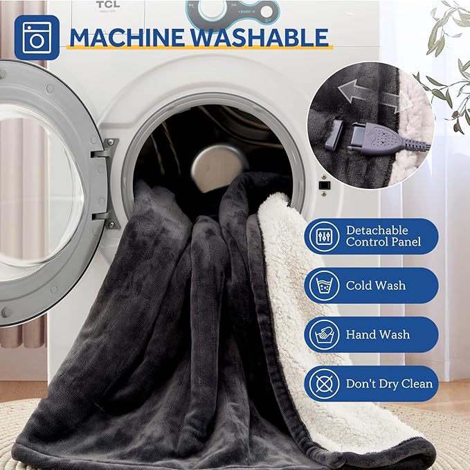 Sealy Electric Blanket Twin Size 62"*84",Super Cozy Flannel to Sherpa Reversible Heated Twin Blanket with 10 Heating Levels & 1-12 Hours Auto Off Overheating Protection Machine Washable, Charcoal-Ruum Studio Home