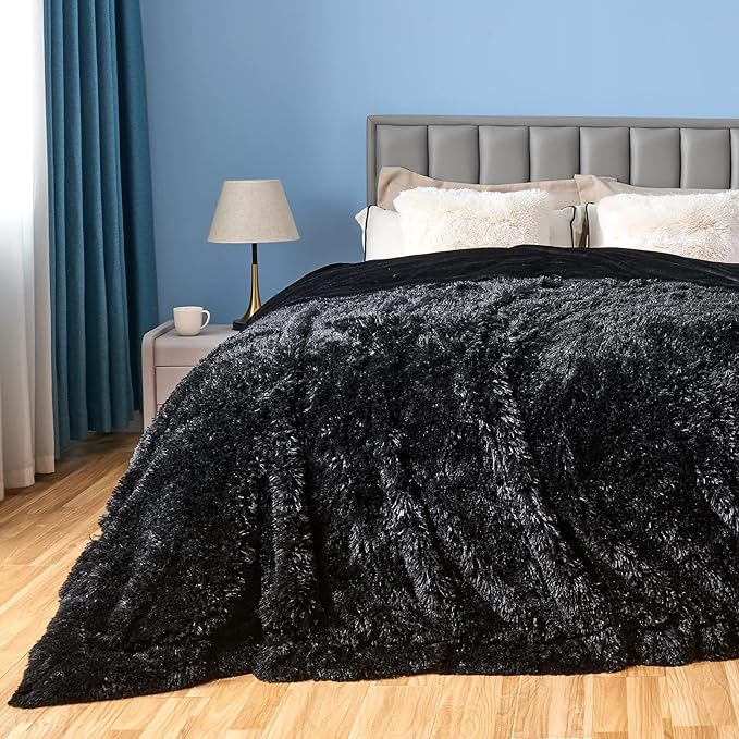 GONAAP Fuzzy Faux Fur Throw Blanket Queen Size Black Super Soft Cozy Plush Fuzzy Shaggy Blanket for Couch Sofa Bed (Black, Queen(90"x90"))-Ruum Studio Home