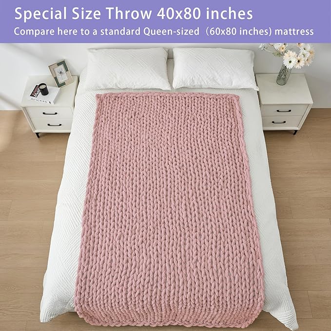Bigacogo Chunky Knit Throw Blanket for Couch, 40x80 inches, 100% Hand Knitted with Thick Jumbo Chenille Yarn, Cozy Soft Large Rope Knot Cable Crochet Blankets for Sofa Bed Living Room, Dusty Pink-Ruum Studio Home