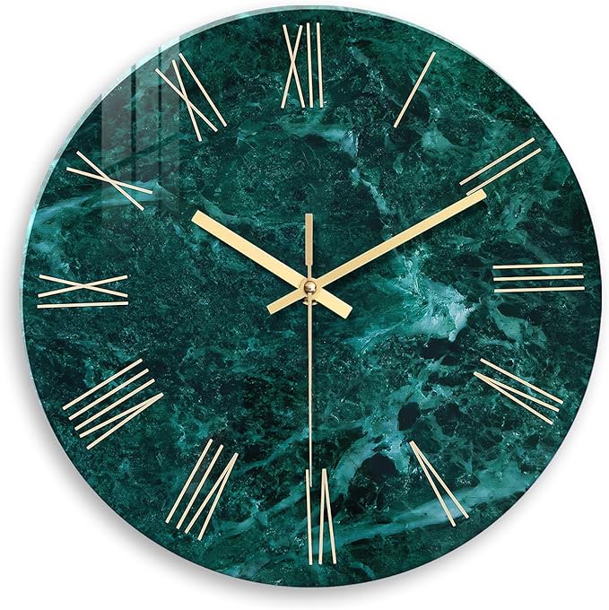 Teal Wall Clock Battery Operated 14 Inch Modern Abstract Clocks for Living Room Decor Marble Pattern Glass Analog Wall Clock Silent-Ruum Studio Home