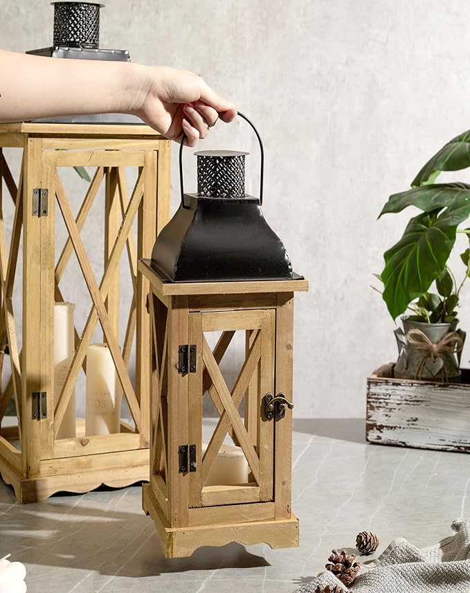 Farmhouse Wooden Metal Candle Lantern Set of 2, Rustic Large Decorative Floor Lanterns, Indoor/Outdoor Hurricane Lantern for Home Decor (No Glass)-Ruum Studio Home