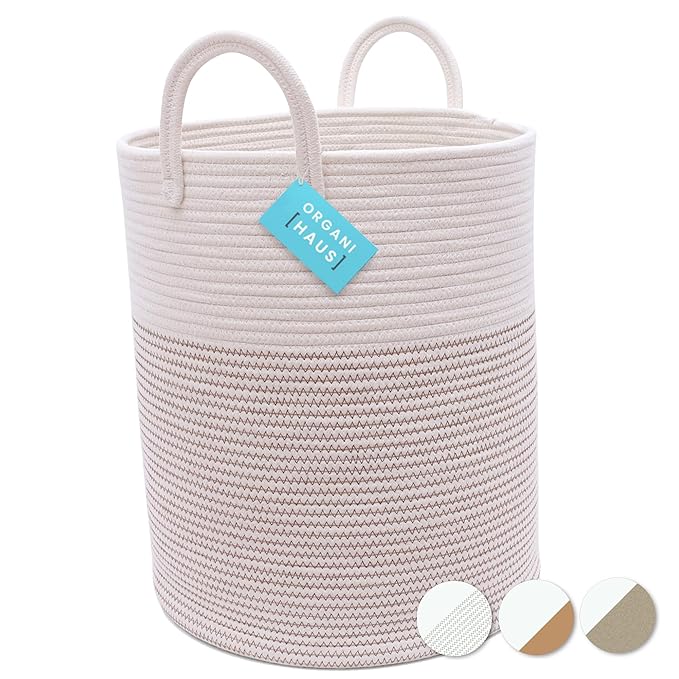 OrganiHaus White Baby Hamper Basket 15x18 | Toy Basket Storage for Kids | Large Woven Baskets for Storage | Round Laundry Basket | Blanket Holder for Bedroom | Boho Blanket Basket for Living Room-Ruum Studio Home