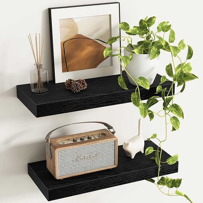 Fun Memories Deep Floating Shelves - 16" W x 9" D x 1.6" H Rustic Black Wall Shelf - Wall Mounted Shelves for Storage - Wooden Shelves with Invisible Brackets for Living Room, Farmhouse - Set of 2-Ruum Studio Home