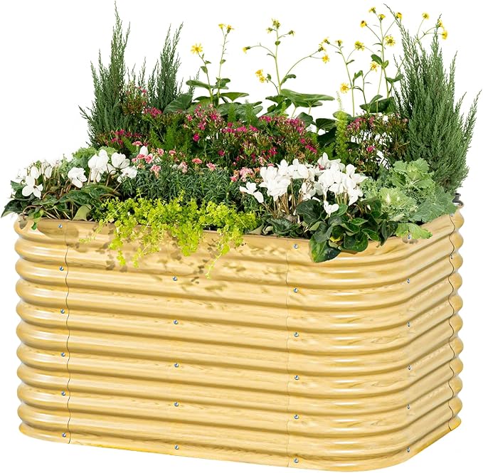 Vego garden 32" Extra Tall Raised Garden Bed Kits, 6 in 1 Modular Raised Planter Box for Vegetables Flowers Fruits Oval Metal Raised Garden, Sunlit Oak-Ruum Studio Home
