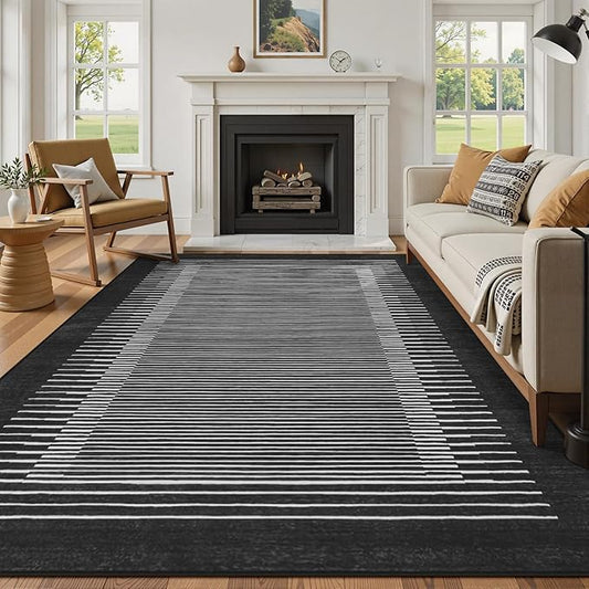 Wonnitar Striped Black Area Rugs 9x12 Living Room, Non-Slip Soft Berber Stripe Bedroom Rug, Low Pile Minimalist Floor Carpet for Dining Room Living Room Department (Black,9' x 12')-Ruum Studio Home