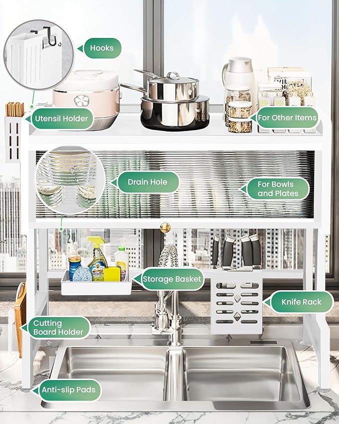 Dish Drying Rack, 3-Tier Over Sink Dish Drying Rack, 33.5" Sink Dish Rack for Small Kitchen, Space-Saving Sink Dish Rack with Cover, Baskets, Utensil, Large Kitchen Storage Organizer White-Ruum Studio Home