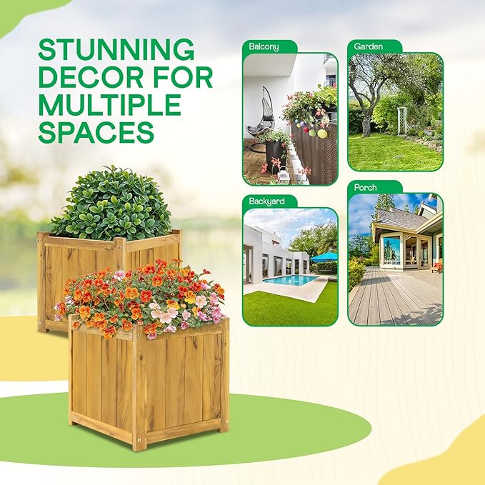 IDZO Set of 2 Acacia Wood Flower Planters for Outdoor Plants, Ergonomic Handles, Drainage Holes, Various Sizes, Ideal for Home Décor, Golden Teak-Ruum Studio Home