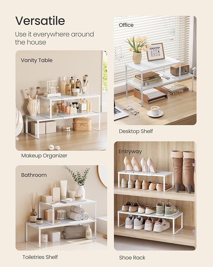 SONGMICS Spice Racks, Set of 2 Expandable Kitchen Countertop Shelves, Small Cupboard Organizers, Metal, Space-Saving Tabletop Shelves, Matte White UKCS402W01-Ruum Studio Home