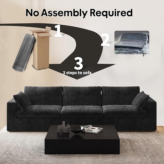 118" 3-Seater Cloud Sofa,Modular Sectional Couch,Modern Deep Seat Upholstered Couches with Plush Corduroy Fabric for Living Room Furniture,Bedroom and Apartment,No Assembly Required,Black-Ruum Studio Home