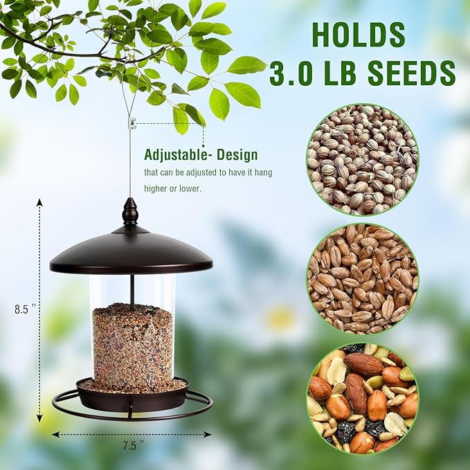 Metal Bird Feeder for Outdoors Hanging,3.0LB Seed Feeder,Easy to Fill & Clean,360° Feeding,Weatherproof Roof for Gardens and Wild Birds,Brown-Ruum Studio Home