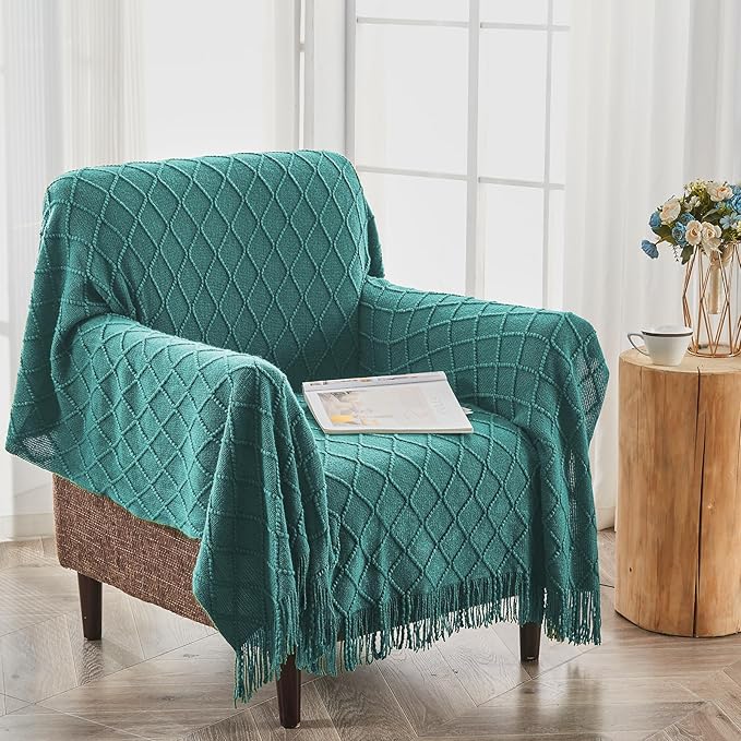 inhand Knitted Throw Blankets for Couch and Bed, Soft Cozy Knit Blanket with Tassel, Blue Lightweight Decorative Blankets and Throws, Farmhouse Warm Woven Blanket for Men and Women, 50"x60"-Ruum Studio Home