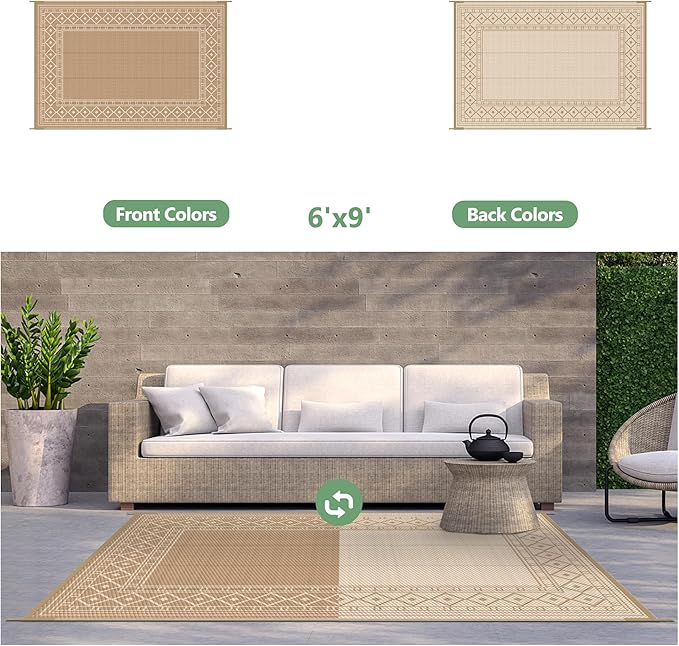 GENIMO Outdoor Rug Waterproof 6'x9' for Patio, Foldable Reversible Plastic Straw Carpet for Travel Trailers, Outside Area Mat for Rv, Deck, Picnic, Porch, Camper, Balcony, Beach, Brown & Beige-Ruum Studio Home