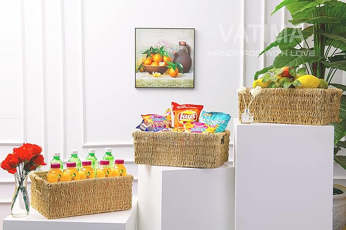 Large Natural Wicker Basket Rectangular with Wooden Handles, Seagrass Storage for Organizing, Shelves 15.5 x 10.6 x 5.5 inches-Ruum Studio Home