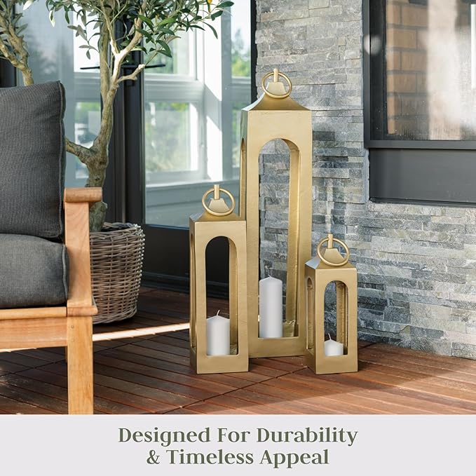 Medium Gold Lantern, Rustic Metal Decorative Lantern, Candle Holder for Indoor & Outdoor, Home Decor for Patio, Garden & Tabletop, Hanging Lantern for Parties & Weddings-Ruum Studio Home
