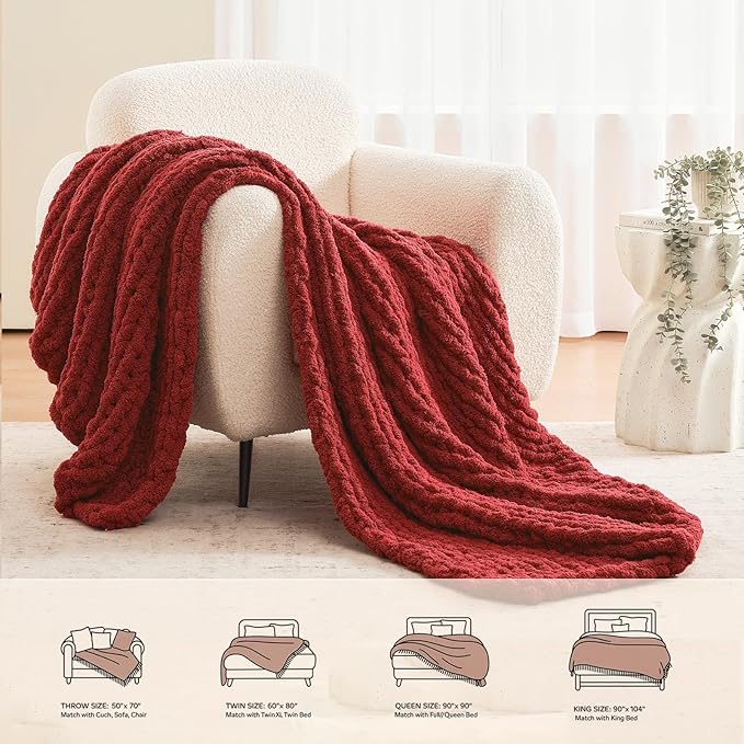 L'AGRATY Chunky Knit Blanket Throw: 60''x80'' Chenille Chunky Knitted Throw Blankets for Twin Bed Couch - Handmade Thick Cable Knit Blanket - Large Crochet Rope Blankets for Home Decor(Maroon Red)-Ruum Studio Home