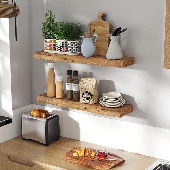 30" Floating Shelves, Live Edge Solid Elm Wood Floating Shelf, Wall Mounted Display Shelves with Heavy-Duty Bracket for Books, Rustic Wooden Shelf for Kitchen, Bathroom, Natural Color, Set of 2-Ruum Studio Home