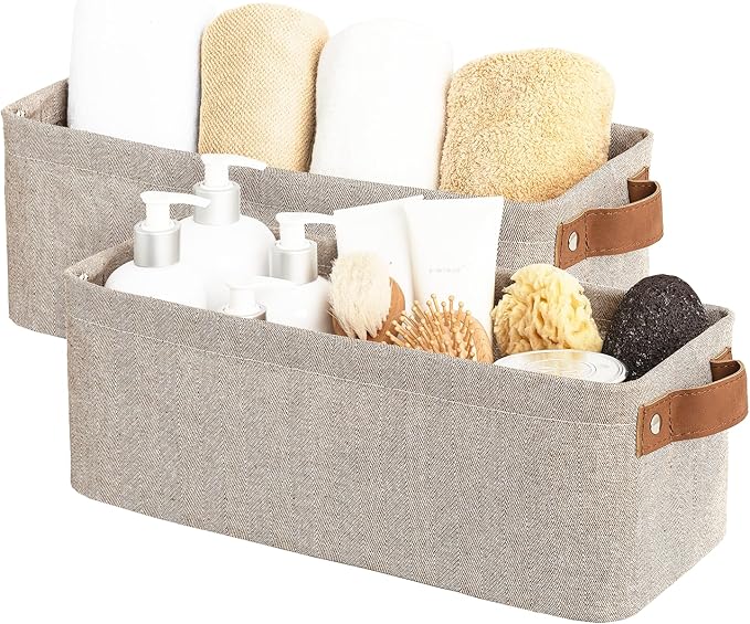 StorageWorks Narrow Storage Bins, Small Basket for Closet and Shelves, Fabric Organizer with Handles, Toilet Paper Storage, Brown and Beige, 2-Pack-Ruum Studio Home