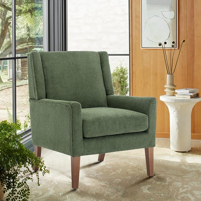COLAMY Modern Wingback Living Room Chair, Upholstered Fabric Accent Armchair, Single Sofa Chair with Lounge Seat and Wood Legs for Bedroom/Office/Reading Spaces, Green-Ruum Studio Home