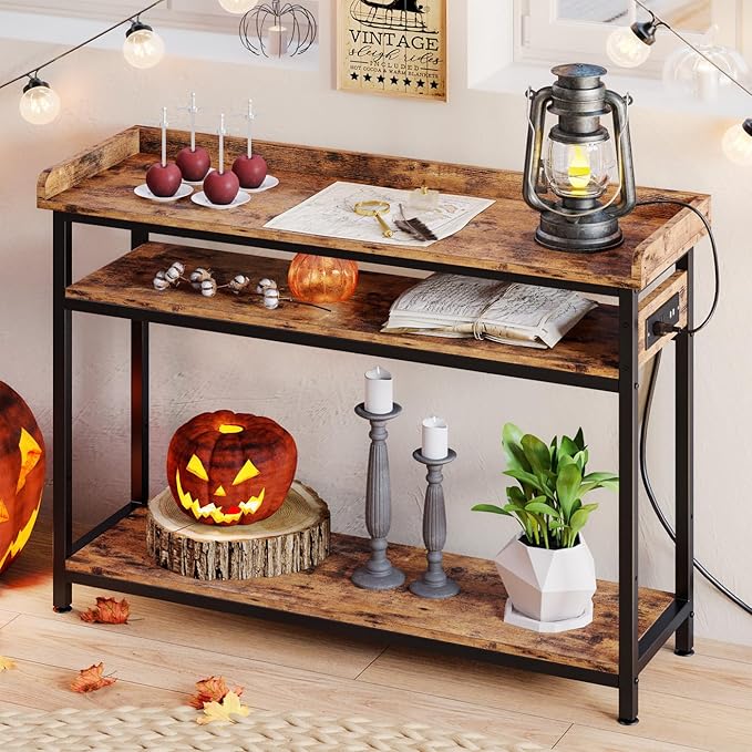 IRONCK Console Table, Sofa Table with Power Outlet, Farmhouse Hallway Table for Entryway, Living Room, Height Adjustable, Easy Assembly, Rustic Brown, 43"-Ruum Studio Home