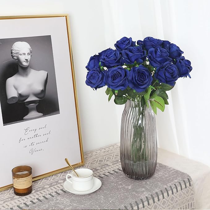 Blue Fake Roses Artificial Flowers - 10 Pcs Fake Artificial Roses Silk Flowers with Stems for Home Wedding Hotel Office Centerpiece Decor（Navy Blue）-Ruum Studio Home