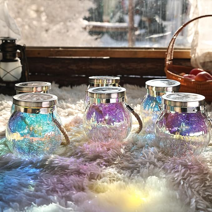 Cooo 4 Pack Solar Lantern Outdoor Waterproof Iridescent Crackle Glass with 215% Larger Solar Panel, Stainless Steel Lid – Rainbow Glass Hanging Light with Cool White LED for Garden Patio Table-Ruum Studio Home