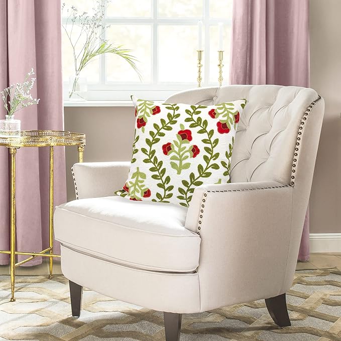Alysheer Floral Embroidered Summer Decorative Throw Pillow Cover 18"x 18", Farmhouse Cottage Red Flowers Green Leaves Knit Pattern Cotton Canvas Cushion Case for Sofa Couch Bed Living Room Decor-Ruum Studio Home