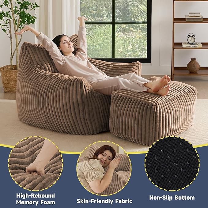 Giant Bean Bag Chairs for Adults, Oversized Chaise Lounge Chair Indoor with Memory Foam - Plush Boneless Lounger & Ottoman for Bedroom, Living Room, Gaming & Reading, Lazy Floor Sofa Chair, Khaki-Ruum Studio Home