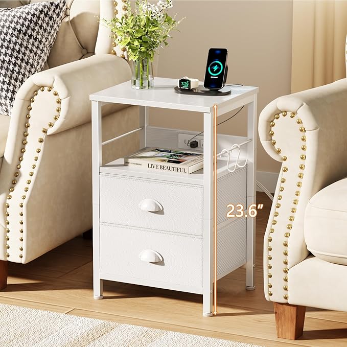 Furologee End Table with Charging Station, Nightstand with Fabric Drawers, Side Tables with USB Ports & Outlets, Night Stand with Storage Shelf & Hooks, for Living Room/Bedroom, White-Ruum Studio Home