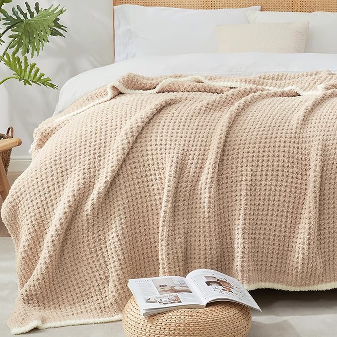 Snuggle Sac Waffle Throw Blanket for Couch Bed Sofa 50x60 inches, Reversible Beige Blanket Microfiber Fluffy Fuzzy Cozy Knit Soft Throws for Women Mothers Birthday Gifts-Ruum Studio Home