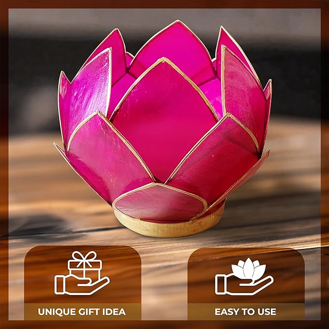 Blooming Lotus Capiz Shell Tealight Candle Holder, Handcrafted Decorative Tea Light Candleholder with Translucent Flower Petals for Ambient Illumination and Natural Elegance, Fuchsia-Ruum Studio Home