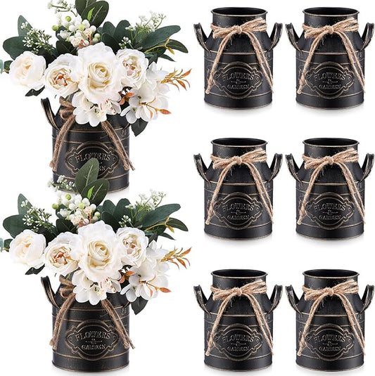 6 Inch Farmhouse Vase Decor Milk Can Vintage Flower Jug Galvanized Metal Vase with Handle Rustic Flower Buckets for Thanksgiving Christmas Table Centerpiece Weddings Gifts(Black,8 Pcs)-Ruum Studio Home