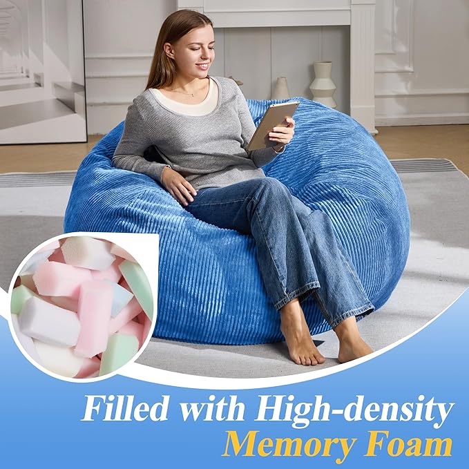 3.5FT Bean Bag Chairs Teardrop Bean Bag Chair for Adults Beanbag Chair with Memory Foam Filled Machine Washable Cover for Living Room, Bedroom (Large,Blue)-Ruum Studio Home