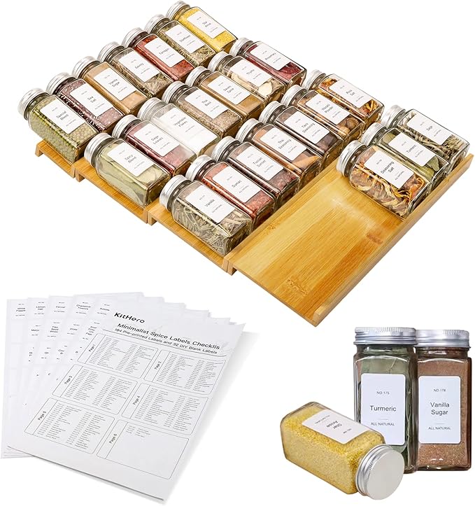 Spice Drawer Organizer with 24 Spice Jars and 216 Labels,Non-slip Rubber, Bamboo 4 Tier Spice Racks Tray Seasoning Containers for Kitchen Drawers,Cabinets,Countertops,13" Wide * 15.8" Deep-Ruum Studio Home