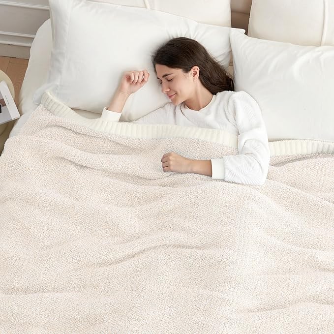 Snuggle Sac Queen Size Oversized Super Soft Bed Blanket - Warm & Cozy Knit Fuzzy Microfiber Blankets in Heather Ivory, 90 x 90-Ruum Studio Home