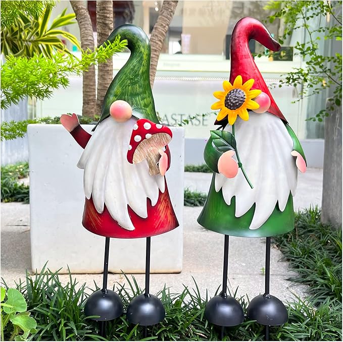 HONGLAND Metal Gnome Yard Art Outdoor Gnomes Garden Statue 18 Inch Gnome Figurine Decorative Stakes for Holiday Christmas Lawn Patio Yard Garden Decor-2 PCS-Ruum Studio Home