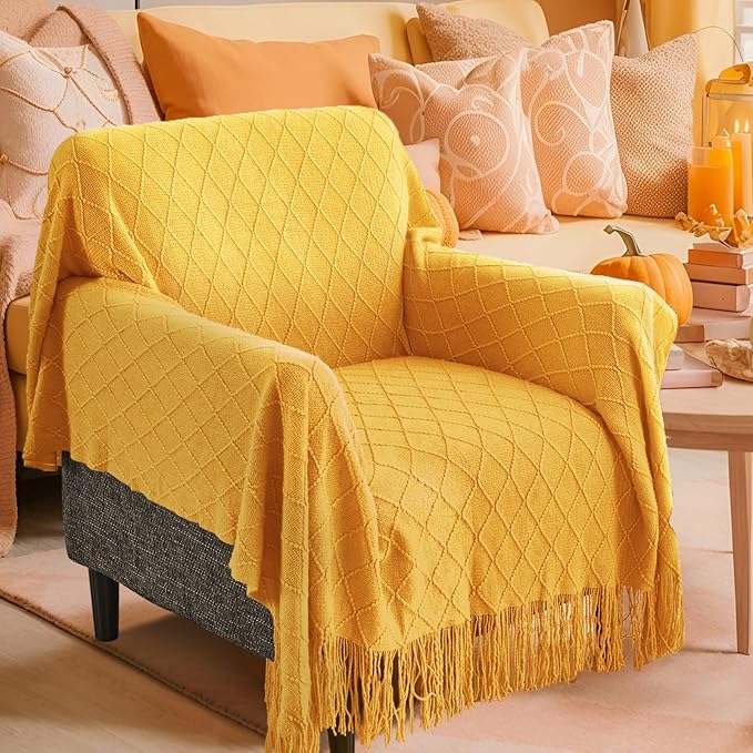 inhand Knitted Fall Throw Blanket for Couch and Bed, Knit Fall Decor Halloween Blanket with Tassel, Mustard Yellow Lightweight Decorative Farmhouse Warm Woven Blankets and Throws for Women, 60"x80"-Ruum Studio Home