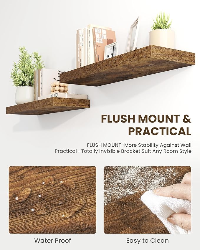 Marsmiles 72" Floating Shelves for Wall, Wooden Shelves with Invisible Brackets Set of 2, Rustic Farmhouse Wall Mounted Shelf for Kitchen Bathroom Living Room Study, Rustic Brown-Ruum Studio Home