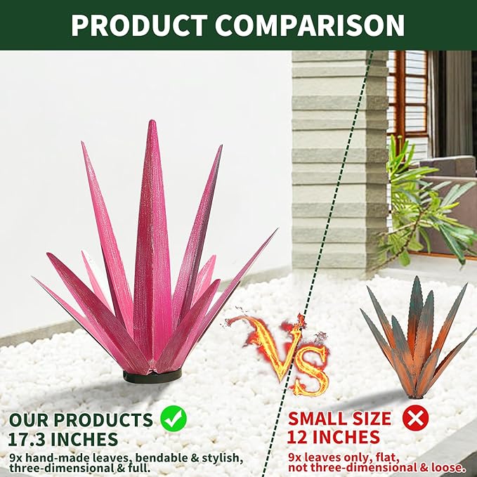 Large Tequila Rustic Sculpture, Rustic Metal Agave Plants for Outdoor Patio Yard, Home Decor Hand Painted Metal Agave Garden Yard Statue, Outdoor Lawn Ornaments Yard Stakes (Rose Red - M)-Ruum Studio Home