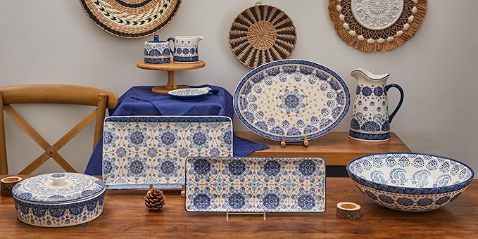 Bico Blue Talavera Ceramic 14 inch Rectangular Serving Platter, Set of 2, for Serving Salad, Pasta, Cheese, Ham, Appetizer, Microwave & Dishwasher Safe-Ruum Studio Home