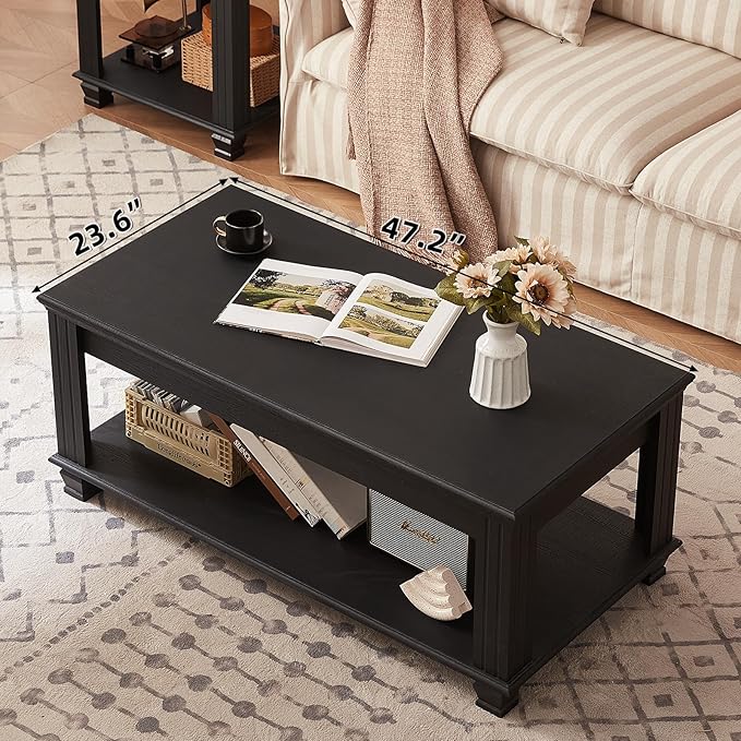 Farmhouse Coffee Tables for Living Room,Square Tea Table with Open Storage Shelf,Large Coffee Table,Rustic Wooden Center Table,Black-Ruum Studio Home