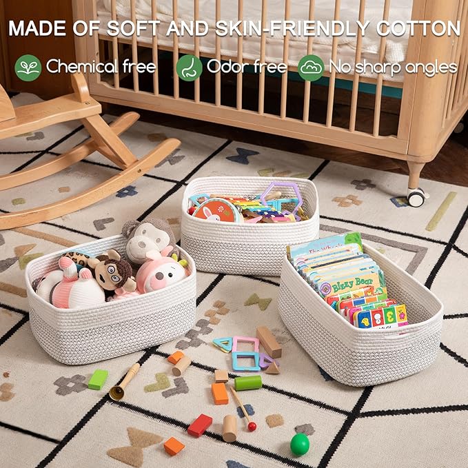 Storage Baskets for Organizing 3 Pack, Woven Baskets for Shelves, Closet Organizer Bins Empty Gift Basket Toy Storage for Toys, Books, Towels, Clothes, 15"x11.42"x6.7", White & Black-Ruum Studio Home