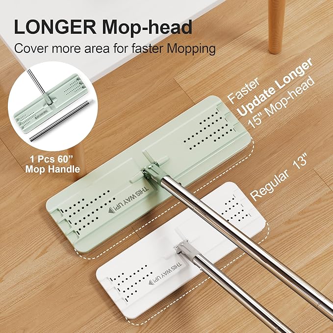 JOYMOOP Mop and Bucket with Wringer Set, Flat Squeeze Mop with Bucket (X-Large), Dust Mop for Wall Cleaner with Long Handle, Microfiber Mop - Green Bucket with 3 Reusable 15" Pads-Ruum Studio Home