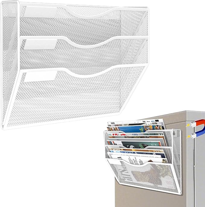 3-Tier Magnetic File Holder, No Drilling Installation File Cabinet Organizer, White Magnetic File Organizer, Magazine Rack, Magnetic Paper Holder for Refrigerator, File Cabinets,White-Ruum Studio Home